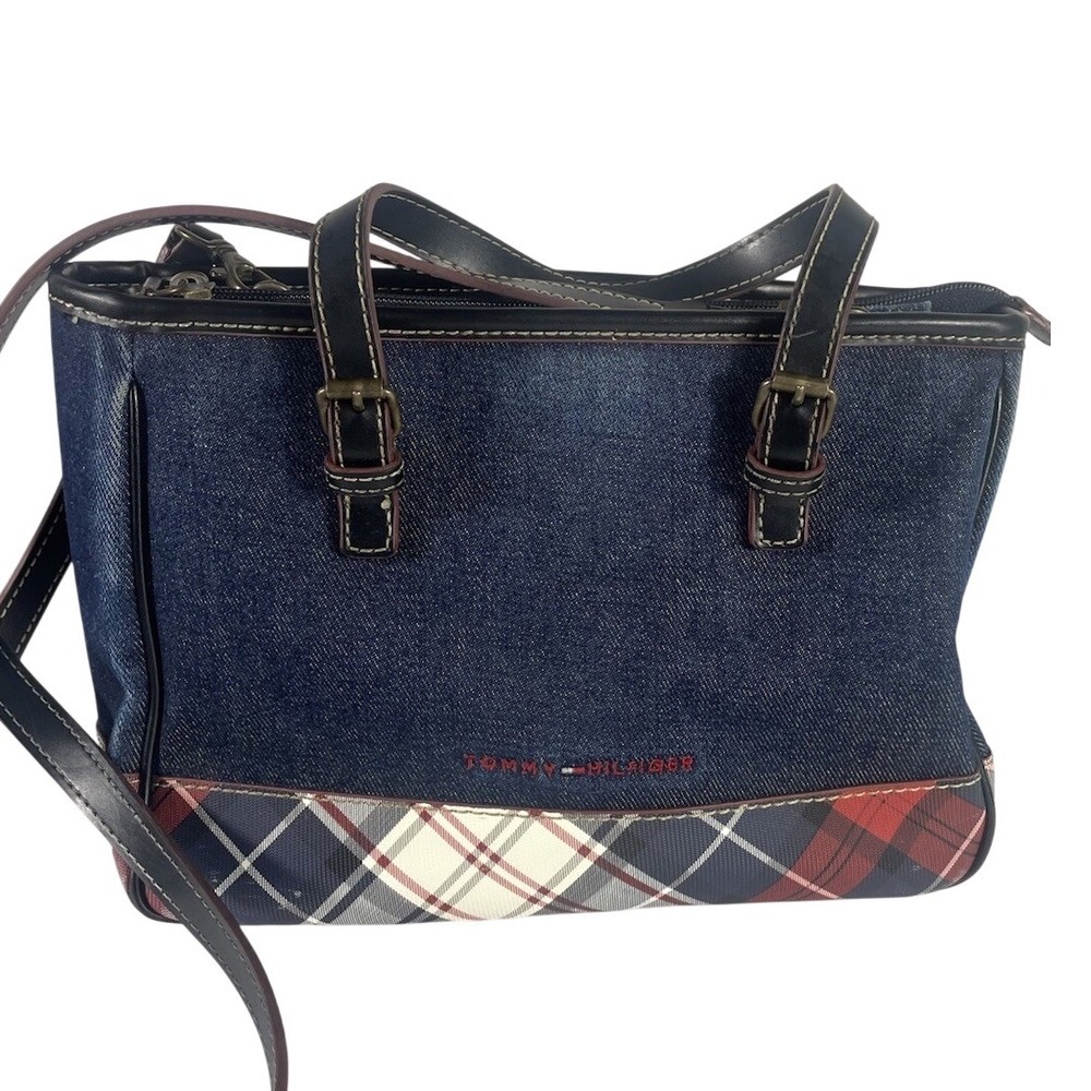 Tommy Hilfiger Denim Plaid Shoulder‎ Bag Tote Purse Y2K Preppy Classic - Picture 2 of 8